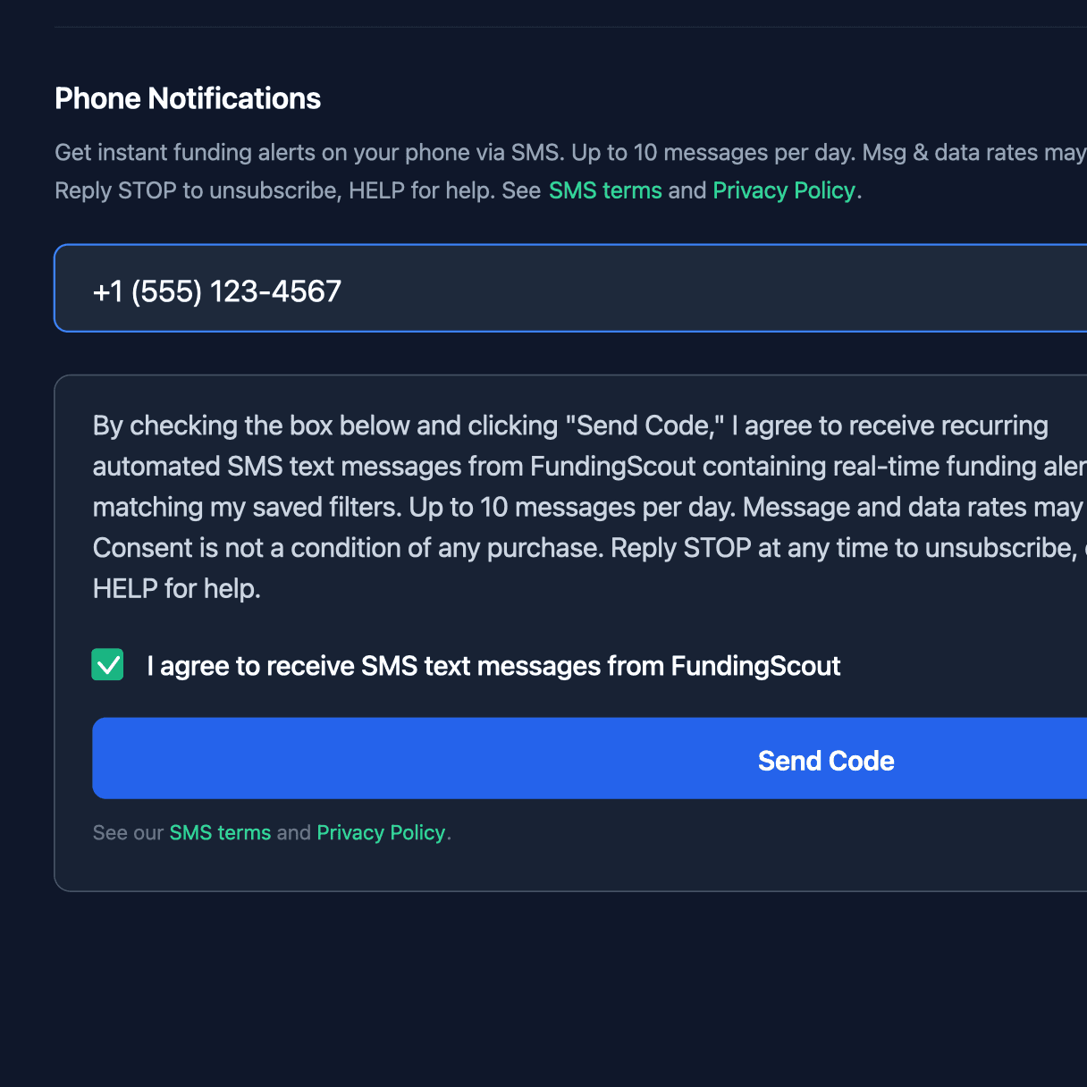 Live FundingScout SMS opt-in form on the Settings page, filled state — phone number entered, consent checkbox checked, Send Code button enabled.