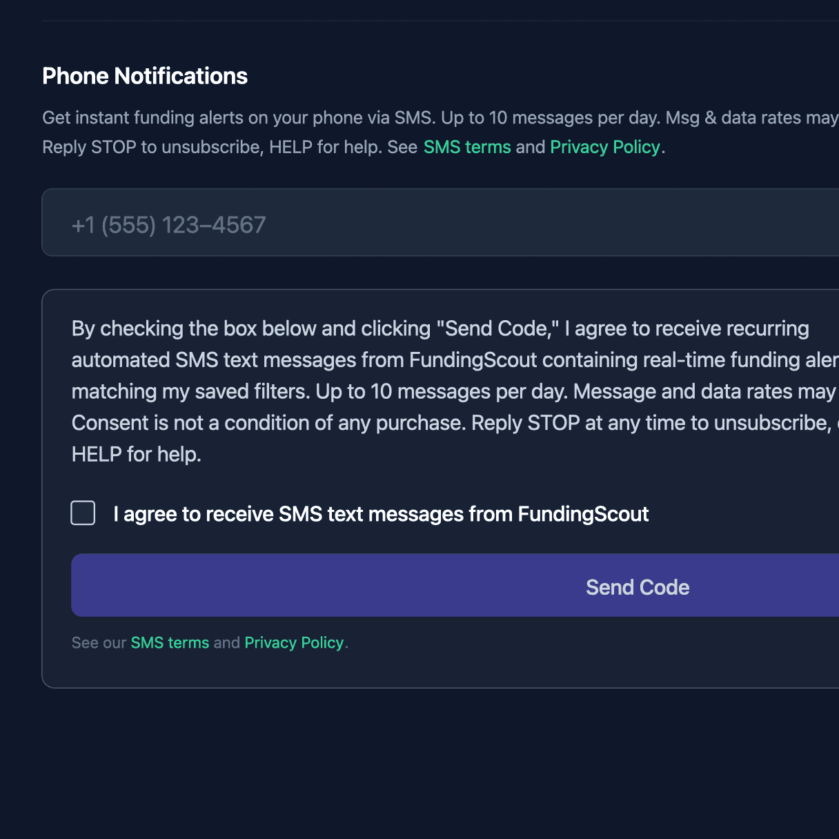 Live FundingScout SMS opt-in form on the Settings page, empty state — phone number field blank, consent checkbox unchecked, Send Code button disabled.